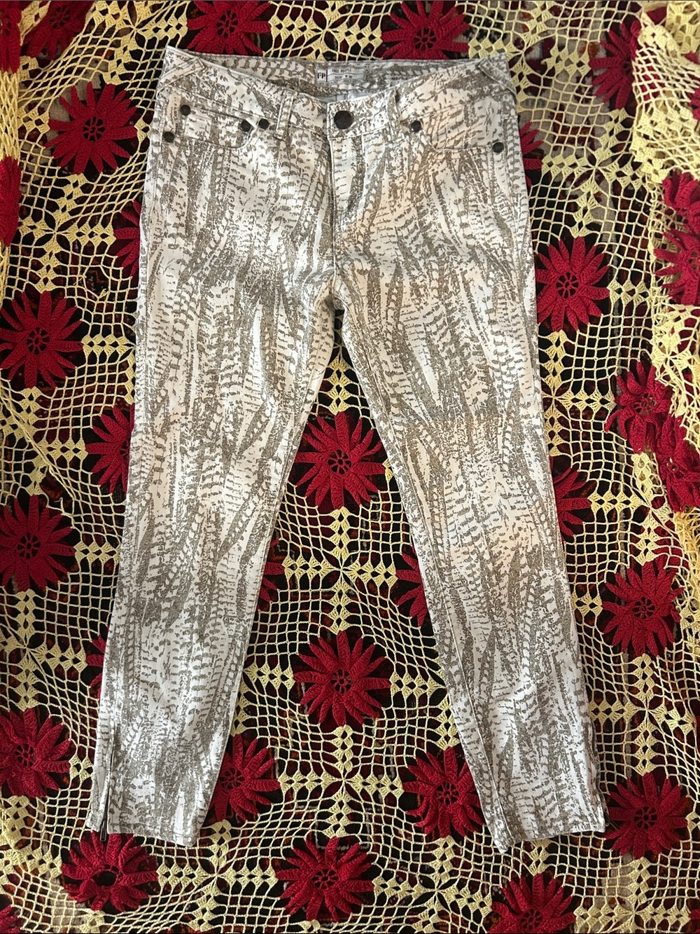Free People Snake Print Skinny Jeans W28 Y2K Boho Ankle Zip